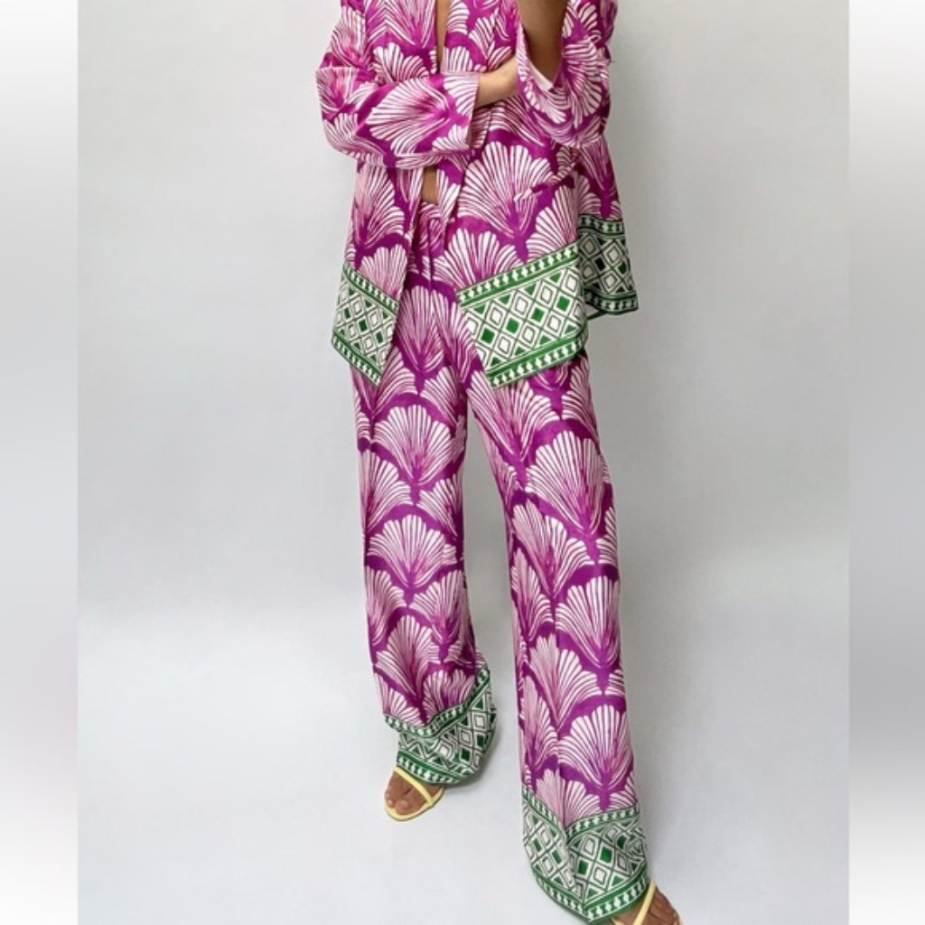 Zara Satin Effect Printed Straight Leg Pants
